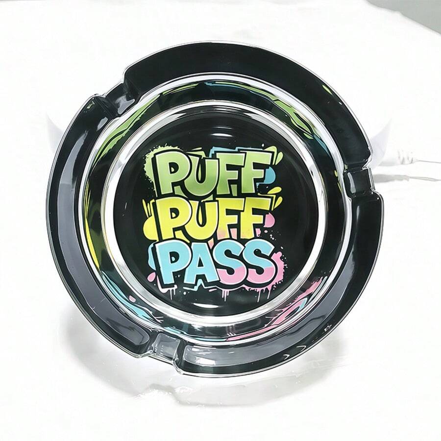 Creative 'PUFF PUFF PASS' Letter Pattern Glass Ashtray, 3.34 Inch Round Ashtray, Decorative Ornament Ashtray, Holiday Gift For Friends, Christmas Gift