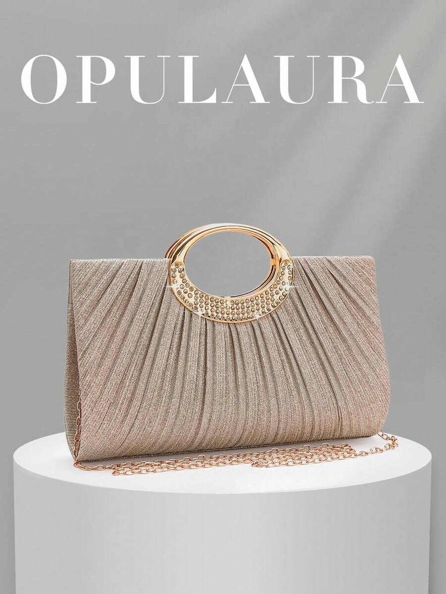 OpulAura 闪亮水晶水钻晚宴手拿包,奢华褶皱亮片设计,搭配金属链条肩带,优雅精致,尽显奢华亮片派对风范,是女士、新娘、新年装扮和派对礼服的完美配饰。这款派对手拿包适用于各种聚会、婚礼、舞会和宴会厅活动。 - 金色 - 查看 1