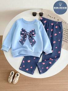 Tween Girl Casual Bowknot Minimalist Print Crew Neck Sweatshirt & Heart All-Over Print Loose Wide Leg Pants 2-Piece Set, Suitable For Spring/Autumn, School, Shopping And Sports - Baby Blue - View 2