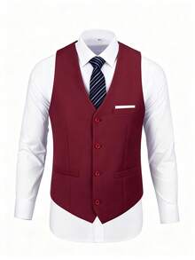 Vest For Men Solid Formal Suit Waistcoat With Wide Pockets For Business Wedding Party Outfit To Match Men Suits - Red - View 2