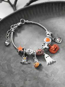 1pc Halloween Demon Pumpkin Ghost Bat Pendant Beaded Bracelet, Suitable For Party, Holiday Gift - Pumpkin Ghost - View 5