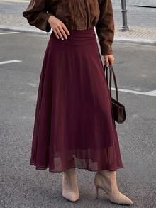 Yepolly-Pop Women's Spring/Summer High Waist Ruched A-Line Flowy Maxi Skirt, Olive Green, Paris Street Style, Back To School Elegant Outfit - Red - View 3