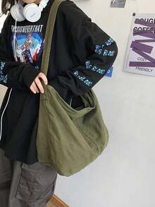 軍綠色帆布大容量女款單肩斜跨包 休閒軟塌托特手提包 適合日常上學旅行 - 墨綠色 - 查看 4