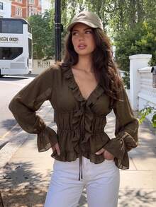 2026 New Autumn Elegant Women's Solid Color Ruffle V-Neck Tie Design Ruched Waist Flare Sleeve Lightweight Casual Blouse For Daily Wear, Outings, Parties And Vacation - Olive Green - View 7