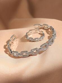 rakol Set de 2 piezas de anillo y pulsera con decoración asimétrica de circonita cúbica, de moda - Plateado - Ver 5