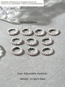 10 Piece Iron Ring Set, Set With Rhinestone And Stackable Plain Ring, Elegant Finger Accessory For Women's Daily Parties - Pink - View 4