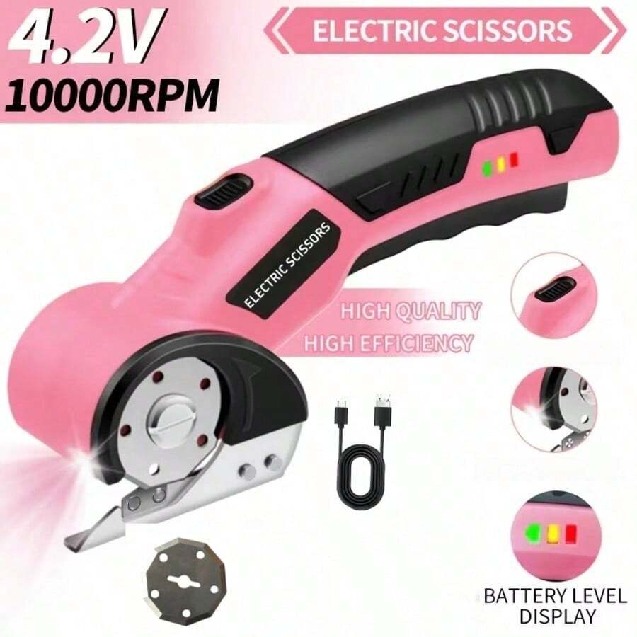 4.2V Wireless Electric Scissors With Safety Lock And LED Light, Ergonomic Non-Slip Handle, 10000 RPM Rotary Cutter, 2000mAh Battery, Suitable For Clothing, Cardboard, Carpet, Leather, Fabric, Cardboard Cutter, Fabric Cutter