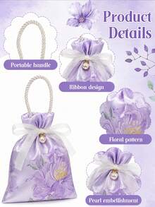 Purple Satin Drawstring Gift Bag, Printed Pattern, Transparent Organza Bow, Pearl Decoration, Twisted Rope Handle, Elegant Reusable Party Favor Bag, Suitable For Wedding Reception, Bridal Shower, Birthday Party, Anniversary, Gift Wrapping And Event Table Decor - Multicolor - View 5