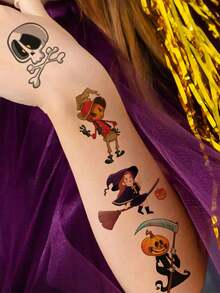 10 Sheets, Of 130pcs Halloween Series Element Pattern Temporary Tattoo Stickers, Cartoon Ghost Zombie Witch Black Cat Pumpkin Patterns, Waterproof And For 2-5 Days, Suitable As Halloween Party Gifts - Multicolor - View 6