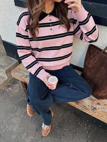 Just Masa Women's Fall Casual Cute Sweet Striped Loose Sweater Pullover,Long Sleeve POLO Collar Rib-Knit Chic Top,For Going Out,Vacation,Travel - Pink Stripes - View 9