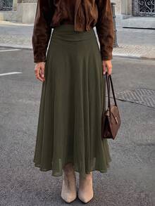 Yepolly-Pop Women's Spring/Summer High Waist Ruched A-Line Flowy Maxi Skirt, Olive Green, Paris Street Style Elegant Back-To-School Outfit - Green - View 2