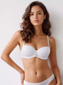 Detachable Strap Bandeau Lace Bra, Double Row Back Hook Firm Support And Push-Up, Versatile Women's Lingerie - White - View 1