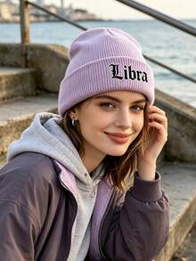 1pc Women's Cuffed Knitted Beanie Hat With 12 Zodiac Sign Print, Soft Stretchy Warm Fall Winter Ladies Headwear, Versatile Cap For Urban Walks - Purple - View 2