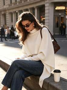 Vuslat Women's Autumn Beige Semi-High Neck Asymmetrical Cape Shawl Knit Top, Suitable For Commuting, Ball, Party, Concert, Christmas, New Year - White - View 8