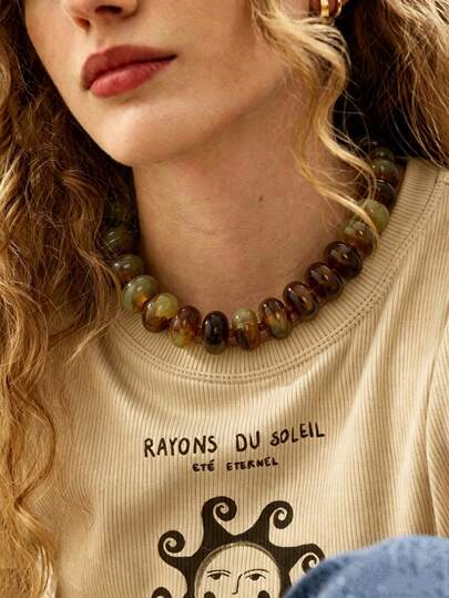 OABE 1 pieza Collar de cuentas ovaladas de estilo bohemio con diseño de cuentas texturizadas en colores mixtos, adecuado para el uso diario de las mujeres