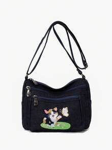 Tas Selempang Bahu Bordir Kucing Kartun Lucu, Kain Tahan Lama, Desain Multi-Saku, Tas Kasual untuk Beraktivitas di Luar Rumah - Hitam - View 10