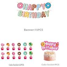This 28-Piece Party Decoration Set Features A Donut Theme And Includes 15 Pennants, 12 Small Props, And 1 Large Prop. It Is Perfect For Decorating And Serving As A Photo Backdrop For A Dessert-Themed Birthday Party. - A - View 13