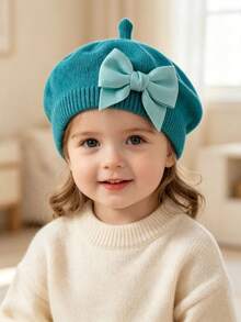 1pc Baby Bow Beret | Painter Hat Cute Baby Hat Suitable For Travel And Outing Lightweight Polyester Knit Fabric Mixed Color All-Season Wear - Multicolor - View 4