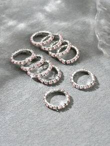 10 Piece Iron Ring Set, Set With Rhinestone And Stackable Plain Ring, Elegant Finger Accessory For Women's Daily Parties - Pink - View 5
