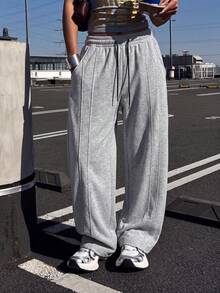 Knot & Curve Women's Sports Sweatpants Spring/Autumn Drawstring Elastic Waist Curved Leg Side Seam Stitching Design Loose Tapered Casual Streetwear Versatile Long Pants - Grey - View 8