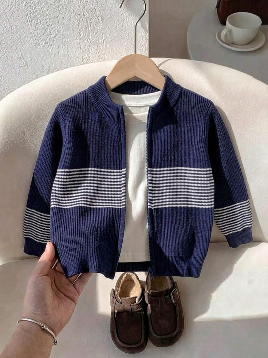 Boys' Preppy Color-Block Striped Stand Collar Knit Cardigan Sweater, Suitable For School Daily Wear In Spring, Autumn And Winter - Navy Blue - View 1