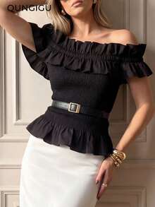 Women's Off-Shoulder Ruched Bandeau Top, Strapless Ruffle Hem Blouse, Elastic Waist Slim Fit Summer Cropped Top, Suitable For Vacation And Date Night - Black - View 3