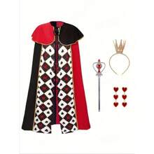 Adult "Queen Of Hearts" Role Play Cape, Comes With Crown, Scepter And Earrings, Suitable For Music Festivals, Carnivals, Parties, Stage Performances, Photography Events, Also An Ideal Halloween Women's Role Play Cape, And A Great Choice For Valentine's Day Gifts. - Multicolor - View 12