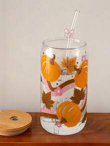 Vintage Autumn Theme Glass Straw Cup, Vibrant Pumpkin And Brown Maple Leaf Pattern, Pink Ribbon Floral Accents, Bamboo Lid, Large Capacity Iced Latte Juice Daily Beverage Cup - Multicolor - View 2