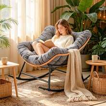 Oversized Rocking Chair, Grey Wide Papasan Rocking Lounger With Extra Thick Cushion, Indoor Outdoor Lounge Chair For Balcony Garden Living Room - Grey - View 1