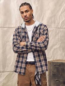 Men's Casual Loose Fit Checkered Hooded Shacket With Chest Pocket, Adjustable Drawstring, Versatile For Spring Autumn Spring To Summer - Navy Blue - View 1