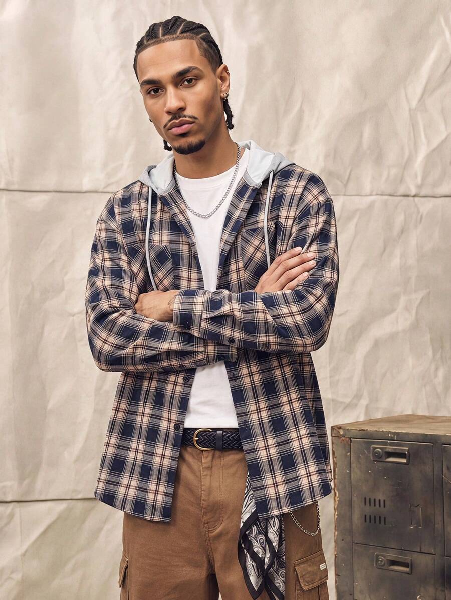Men's Casual Loose Fit Checkered Hooded Shacket With Chest Pocket, Adjustable Drawstring, Versatile For Spring Autumn Spring To Summer - Navy Blue - View 1
