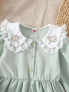 Girls French Sweet Embroidered Floral Dress, Light Green Long Sleeve Lace Collar Button Princess Dress, Baby Spring Autumn Stylish Dress - Green - View 3