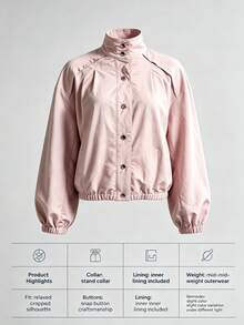 Women's Pink Front Button Jacket, Elastic Hem, Raglan Sleeves, Autumn Outerwear - Pink - View 8