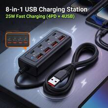 快速充電多口電源接條充電器 8 口集線器，配備 4 個 USB + 4 個 Type-C 接口 (25W 快速充電) 高速多口充電器適用於 5V USB 設備，適合電腦、筆記型電腦、平板電腦和其他設備，絕佳禮品套裝 - 查看 2