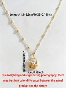 1pc Gold Plated Cubic Zirconia Pearl Flower Basket Pendant Necklace, Exquisite Cute Flower Basket Pendant Chain, Suitable For Women Daily Wear, Office, Party, Birthday - Pearl Flower Basket Necklace - View 2