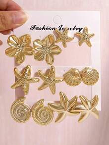 6 Pairs Gold Starfish, Seashell, Conch, 5-Petal Flower Earring Set, Suitable For Summer Travel And Vacation Wear, Best Gift For Family And Friends - Gold - View 1