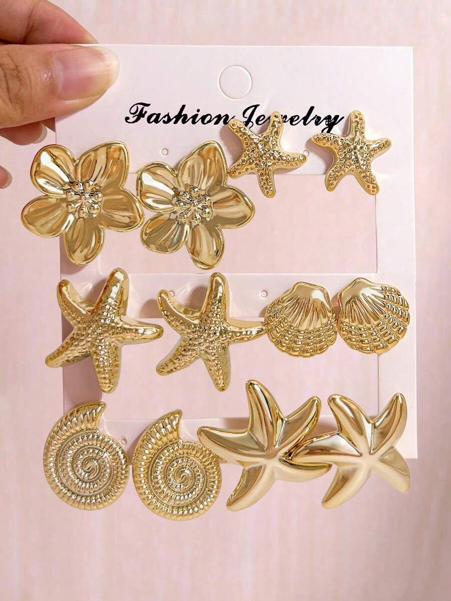 6 Pairs Gold Starfish, Seashell, Conch, 5-Petal Flower Earring Set, Suitable For Summer Travel And Vacation Wear, Best Gift For Family And Friends - Gold - View 1