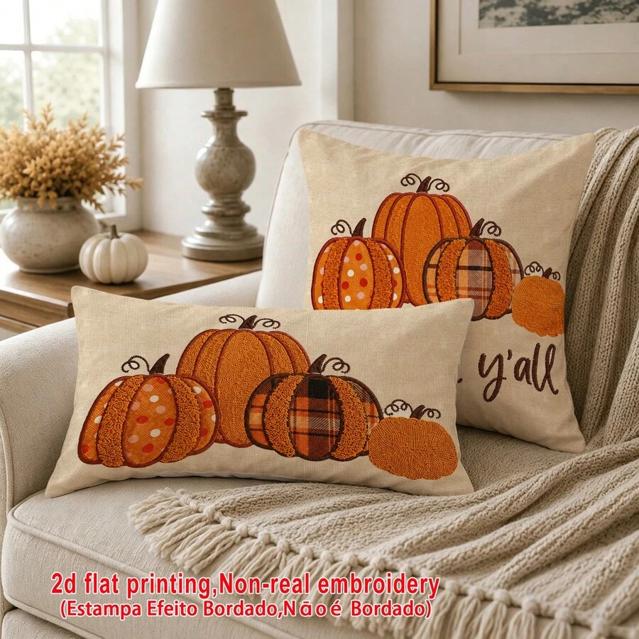 1件裝 It's Fall Y'all 南瓜圖案仿刺繡枕套，極簡鄉村風輕量聚酯纖維單面印花靠墊套，可手洗、機洗、乾洗，拉鍊封口，適用於居家、沙發、床、臥室、客廳、咖啡廳、展覽廳，裝飾枕套，節日派對裝飾 - 橘色 - 查看 1