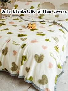 1pc Minimalist Green Heart Pattern Fleece Blanket, Warm Thick Soft Comfortable Blanket, Plaid Print Pattern, For Home Decor, Suitable For Bed, Sofa, Office, Room Decoration, Dorm, Machine Washable - Green - View 1