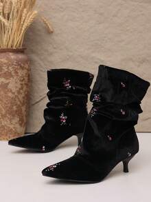 planare New Women's Elegant Black Velvet Embroidered Floral Ankle Boots, Slip-On Pointed Toe Kitten Heel Vintage Ruched Boots For Autumn/Winter Party - Black - View 8