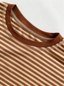 Women's Casual Top, Striped Contrast Ribbed Fabric, Everyday Wear, Spring/Autumn Vacation - Mocha Brown - View 8