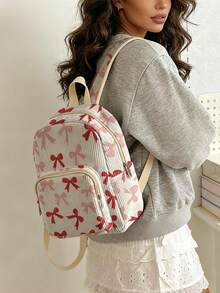 1 Piece Backpack, Women's Mini Backpack, Corduroy Girl's School Bag, Travel Storage Bag, Bow‑Printed Design, Large‑Capacity Foldable Easy‑To‑Store Bag, Lightweight And Pressure‑Relieving, Multi‑Pocket Layered Design With Zipper Closure - Red Bow 44342 - View 2