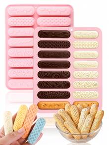 1pc 16-Cavity Strip-Shaped Cookie Mold With Different Textures, Silicone Strip Chocolate Bar Mold, Pastry Mold, Non-Stick Baking Mold, Suitable For Chocolate Bars, Candies, Pudding, Energy Bars, Cheese, Cake Decoration, Bread, Etc. - Pink - View 1