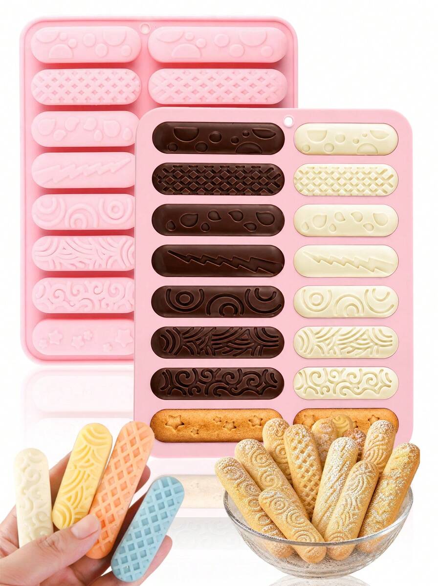 1pc 16-Cavity Strip-Shaped Cookie Mold With Different Textures, Silicone Strip Chocolate Bar Mold, Pastry Mold, Non-Stick Baking Mold, Suitable For Chocolate Bars, Candies, Pudding, Energy Bars, Cheese, Cake Decoration, Bread, Etc. - Pink - View 1