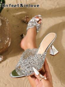 On feet& in love Women's Summer Fashion Elegant Rhinestone Open Toe High Heel Sandals, Versatile Commuter High Heel Slippers, Suitable For Matching With Dresses - Silver - View 2