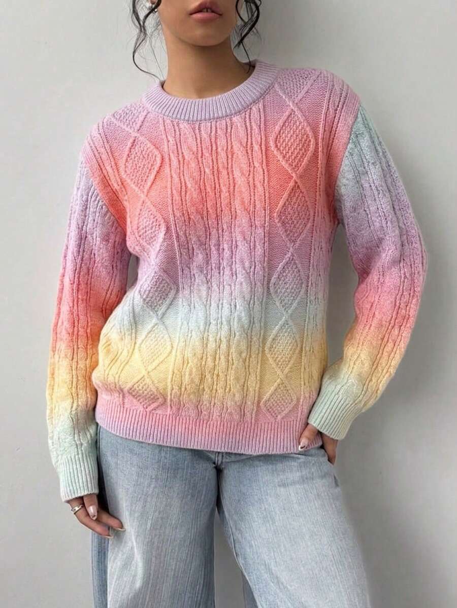 Girls Cute Gradient Argyle Knit Pullover Sweater, Suitable For Vacation, Daily Wear, Spring, Autumn, Winter - Pink - View 1