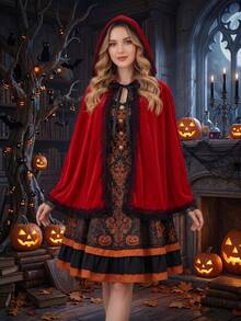 One Piece Of Lace Patchwork Hooded Cloak, Carnival, Christmas Performance Scarf. Halloween Party Cape. Cosplay. The Ideal Choice For Little Red Riding Hood. - Multicolor - View 1