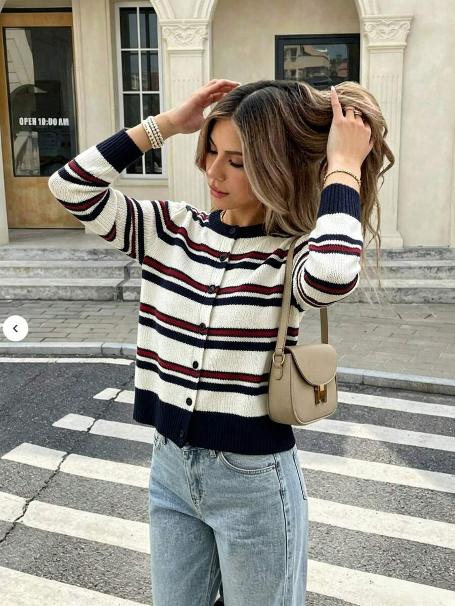 Women's Vintage Contrast Color Striped Long Sleeve Cardigan Round Neck Loose Drop Shoulder Versatile Knit Sweater - Multicolor - View 1