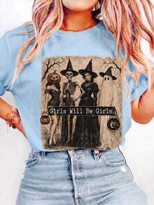 Halloween Girl Gang, Girls Being Girls, Retro Witch Headdress, Ghost Skull, Pumpkin - Blue - View 1