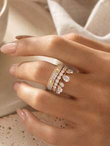 rakol 3pcs Fashion Galaxy Water Drop Multi-Heart Cubic Zirconia Tassel Beaded Ring Set - Set 8 - View 2
